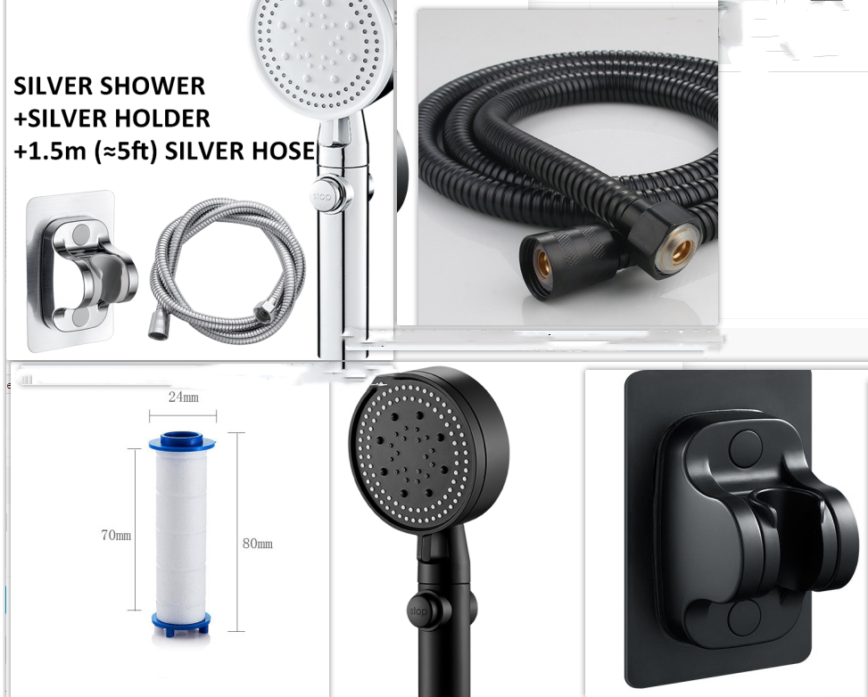 Five-speed Spray Black Powerful Supercharged Water-saving Shower Head Nozzle Suit