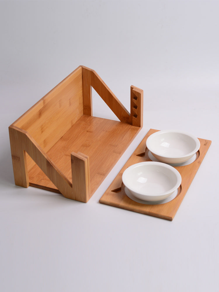 Cat bowl wooden dish rack