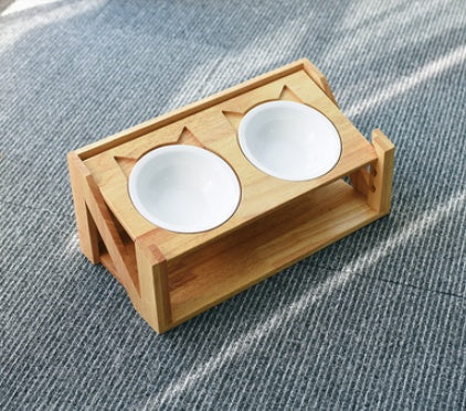 Cat bowl wooden dish rack