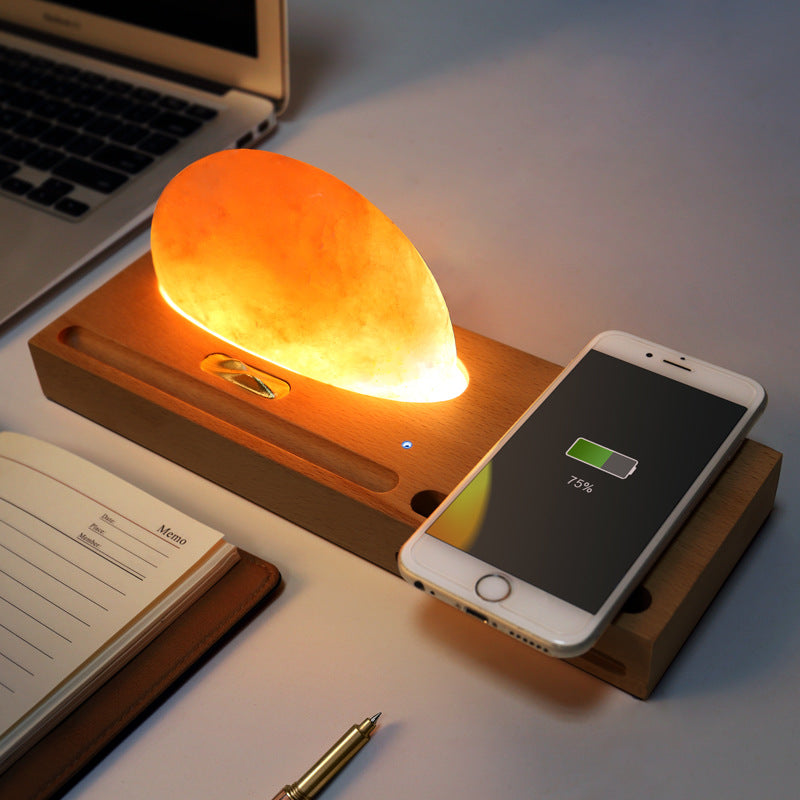 Sunrise Oriental led gift table lamp salt lamp with mobile phone wireless charging solid wood base mineral salt lamp shade