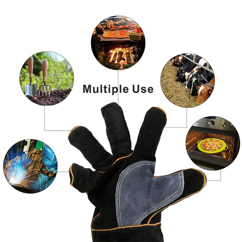 Cowhide Lengthened Patchwork BBQ Gloves Fireplace Oven