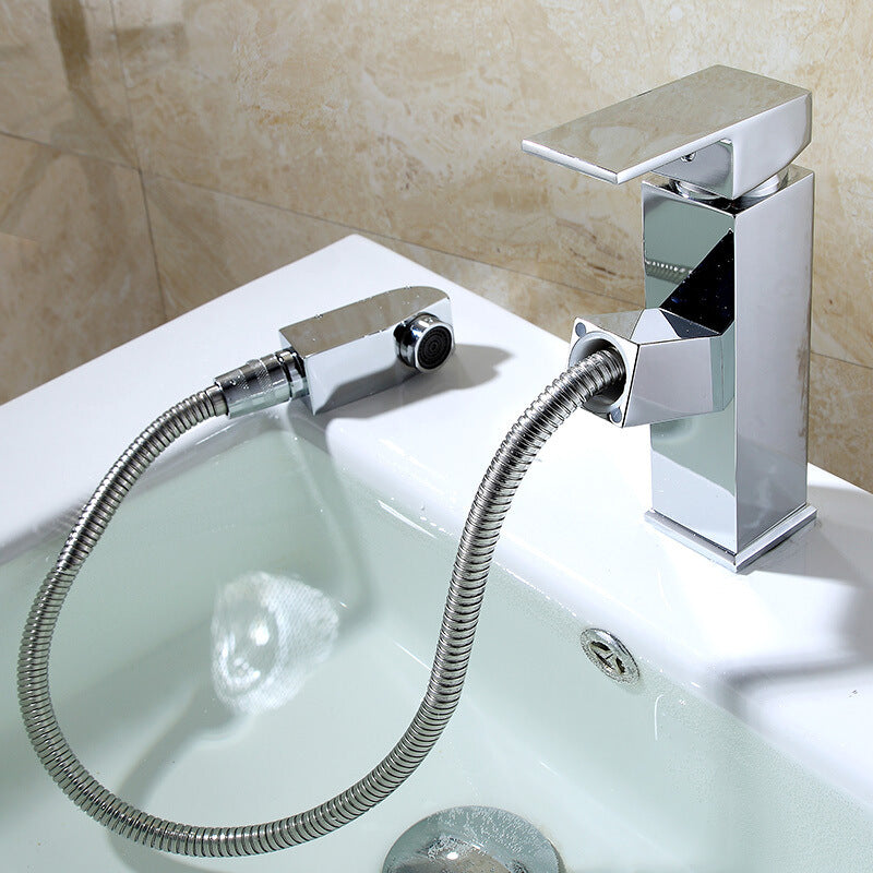 Pull Out Hot And Cold Basin Faucet Bathroom Kitchen Washbasin Telescopic Square Faucet