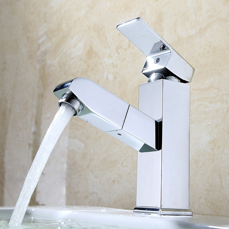 Pull Out Hot And Cold Basin Faucet Bathroom Kitchen Washbasin Telescopic Square Faucet