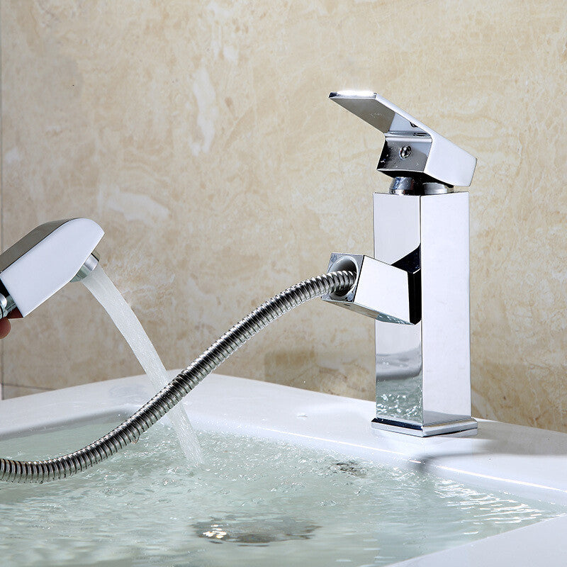 Pull Out Hot And Cold Basin Faucet Bathroom Kitchen Washbasin Telescopic Square Faucet