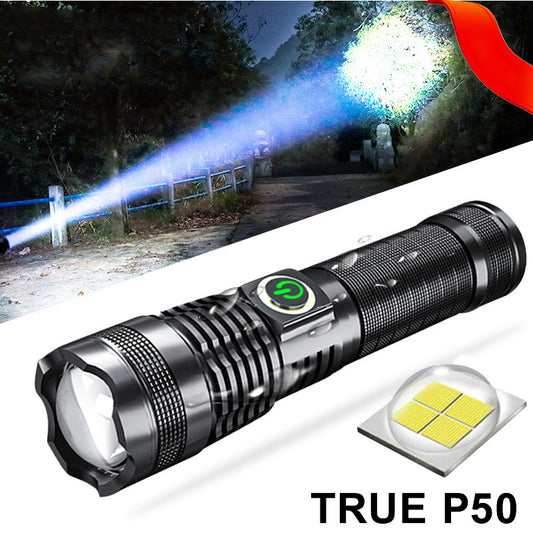 Linterna con Zoom de luz fuerte P50, pantalla de batería, iluminación exterior recargable por Usb, linterna de luz fuerte