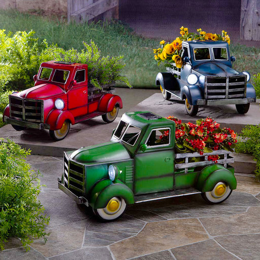 Vintage Truck Flower Pot With Solar Lamp Pickup Retro Style Solar Pickup Truck Garden Decoration Truck Flower Pot With Car Light