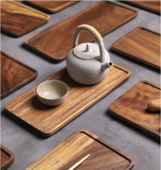 Solid wood rectangular tea tray for household use