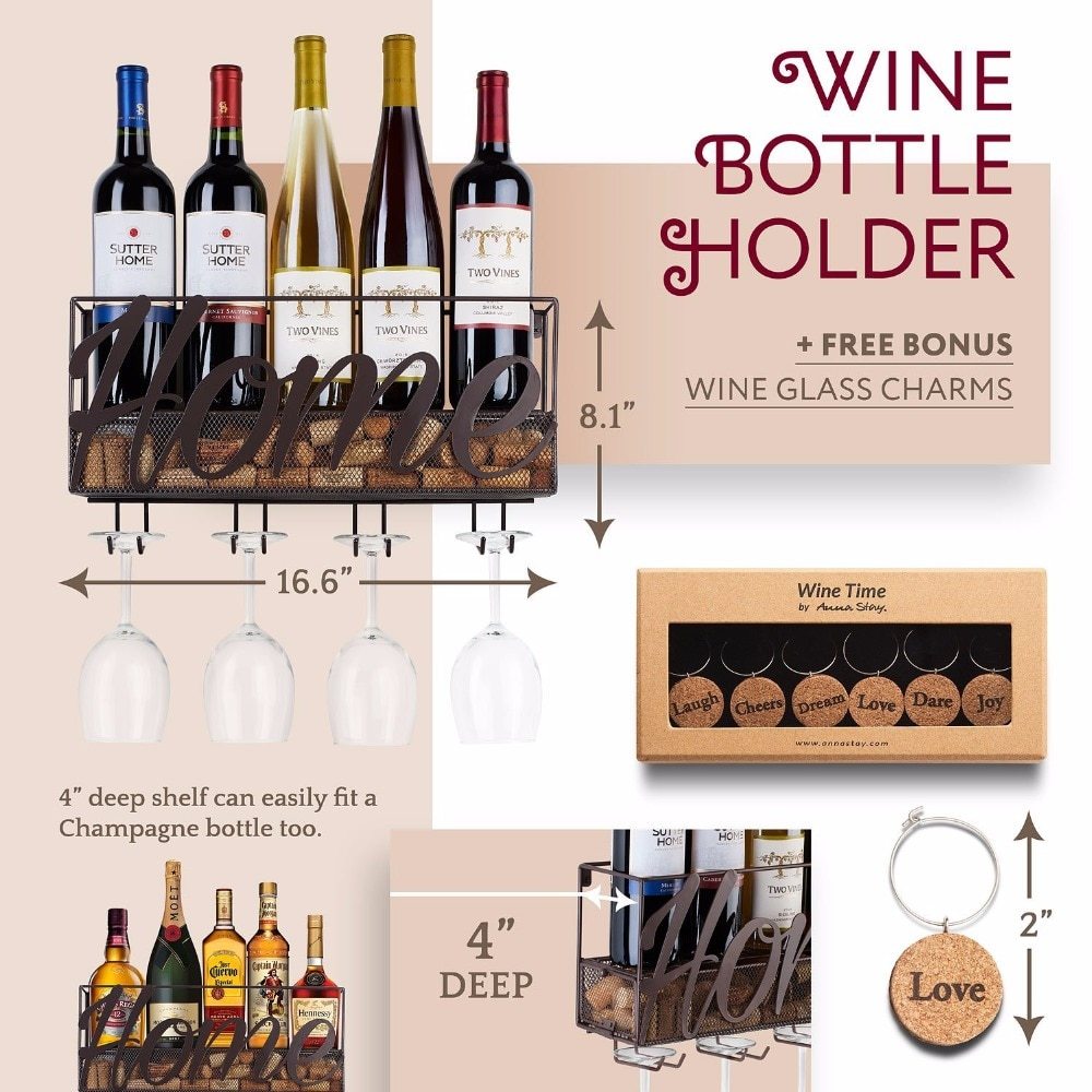 Wine Rack Metal Wall Mount with Bottle and Glass Holder