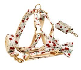 Red Cherry Printed Pet Collar Traction Rope Light Gold Release Buckle Cute Bow Strap