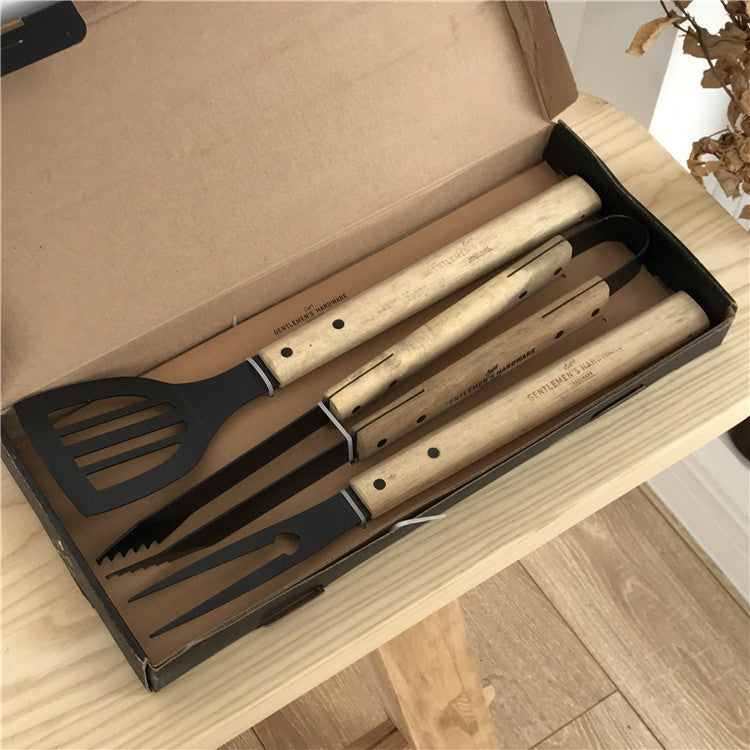 Barbecue Grill Fork, Shovel with Wooden Handle, Stainless Steel Grill Tongs 3pcs / set