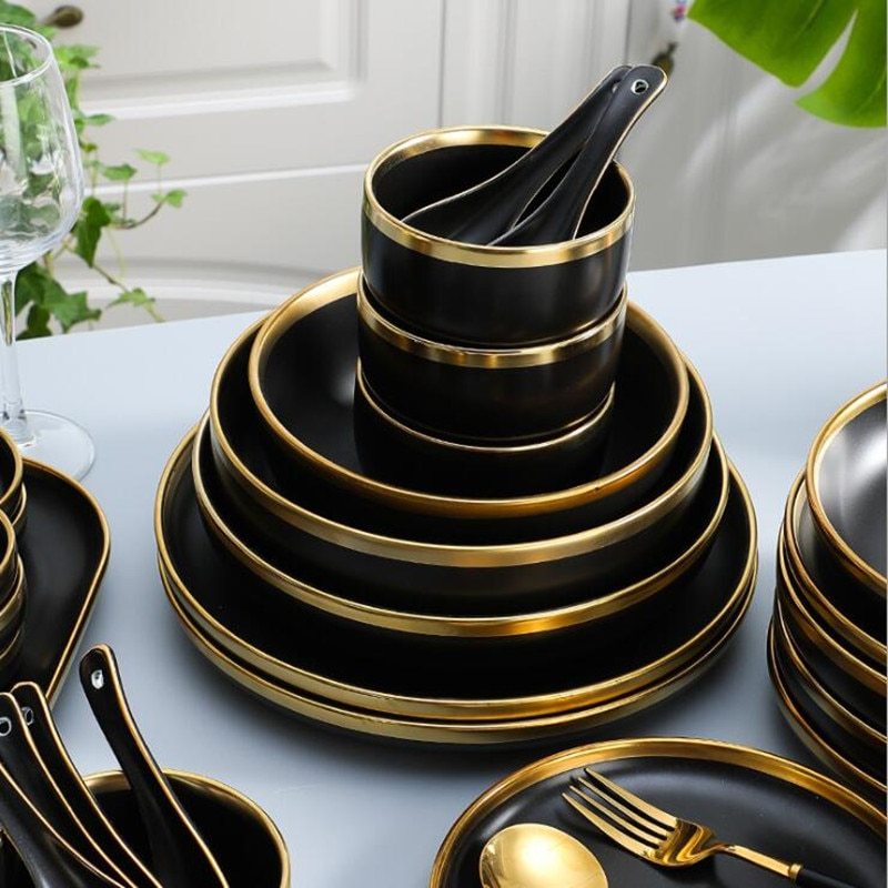 Ceramic black bowl and plate cutlery set