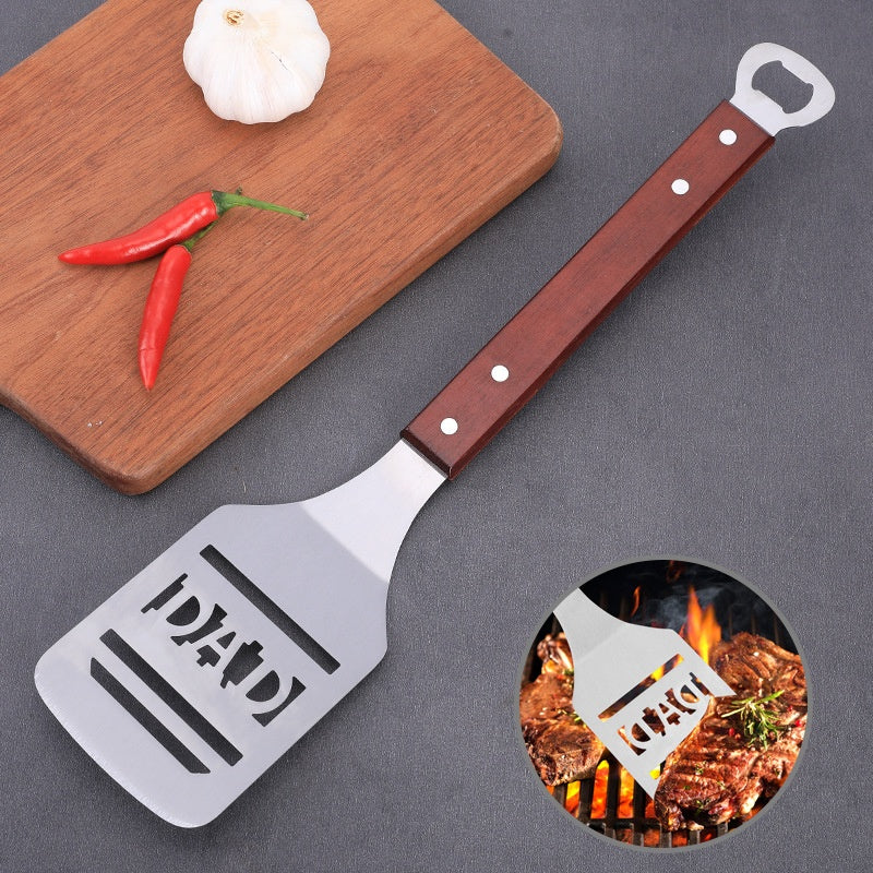 Household Outdoor Barbecue Oak Handle Spatula With Bottle Opener