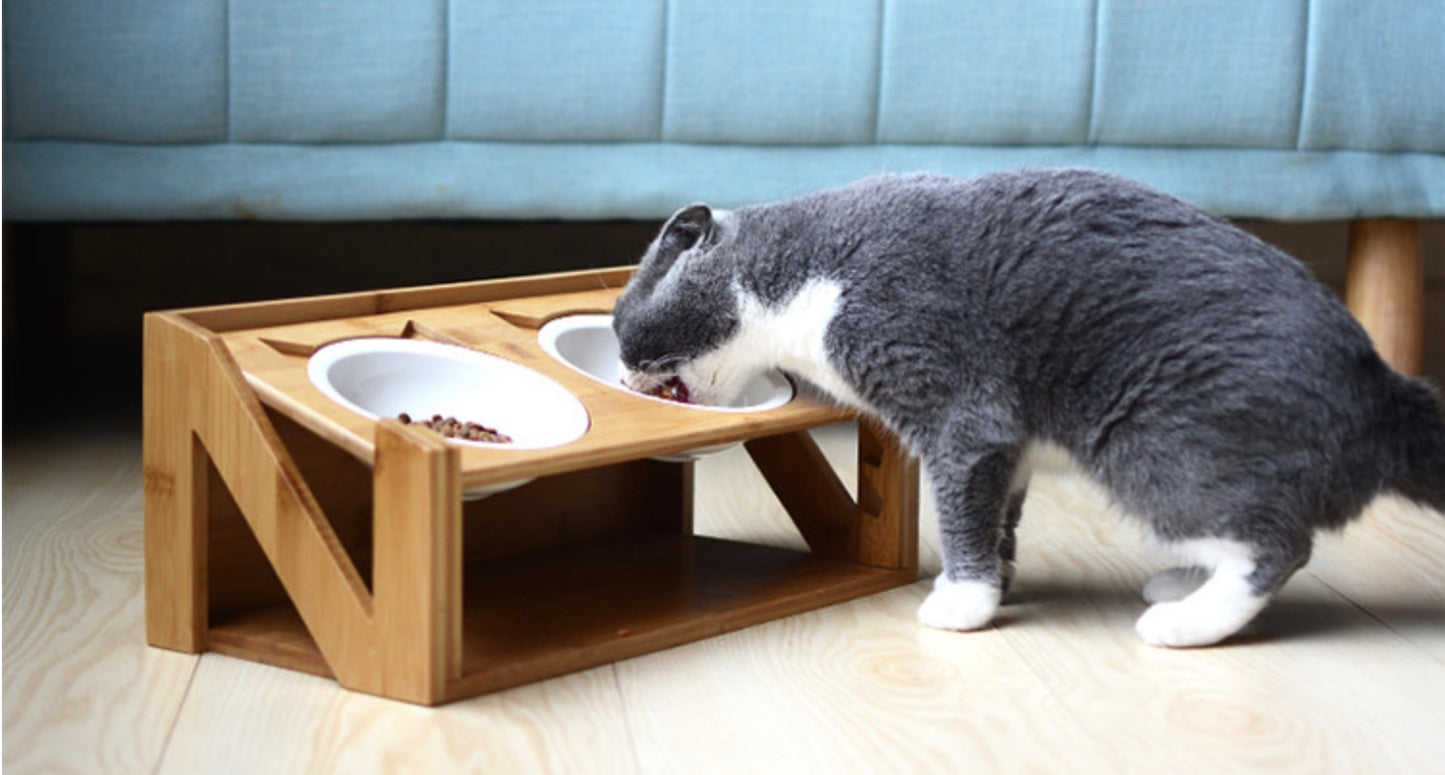 Cat bowl wooden dish rack