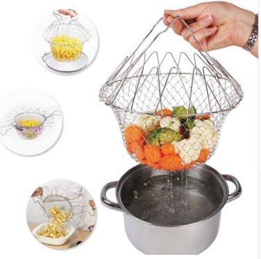 Cesta para freír de acero inoxidable, cesta de cocina plegable multifunción para Chef, herramienta de cocina flexible para lavar alimentos fritos, frutas y verduras