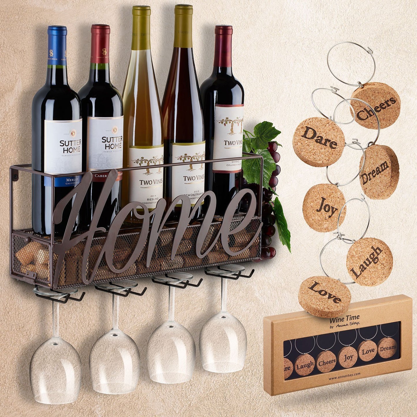 Wine Rack Metal Wall Mount with Bottle and Glass Holder