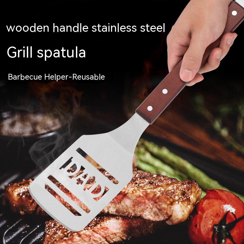 Household Outdoor Barbecue Oak Handle Spatula With Bottle Opener