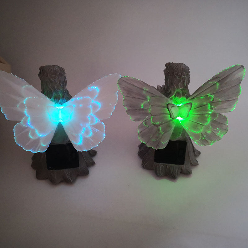 Fairy Bird Feeder Ornaments Outdoor Garden Resin Solar Luminous Wings Girl Jewelry