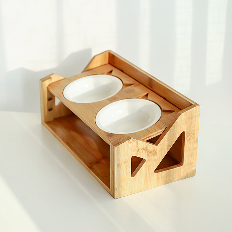 Cat bowl wooden dish rack