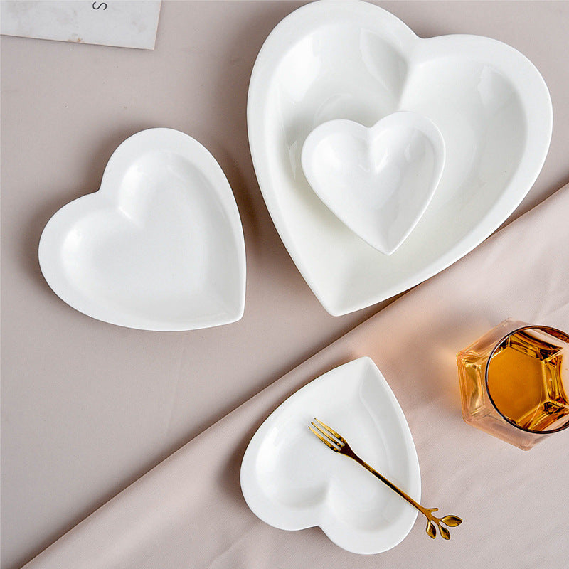 White Ceramic Heart-shaped Plate Household Ceramics