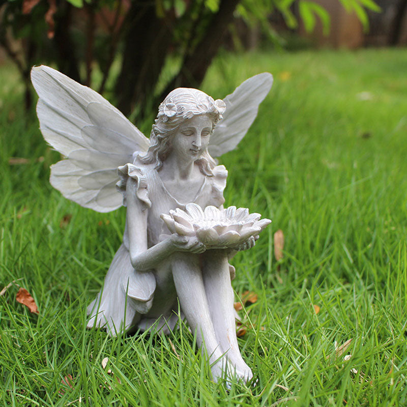 Fairy Bird Feeder Ornaments Outdoor Garden Resin Solar Luminous Wings Girl Jewelry