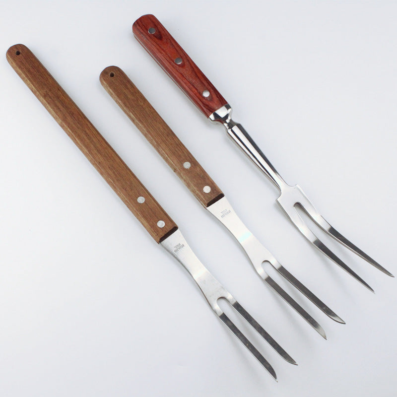 Simple Stainless Steel Meat Fork Outdoor Barbecue Wooden Handle Fork Barbecue Fork