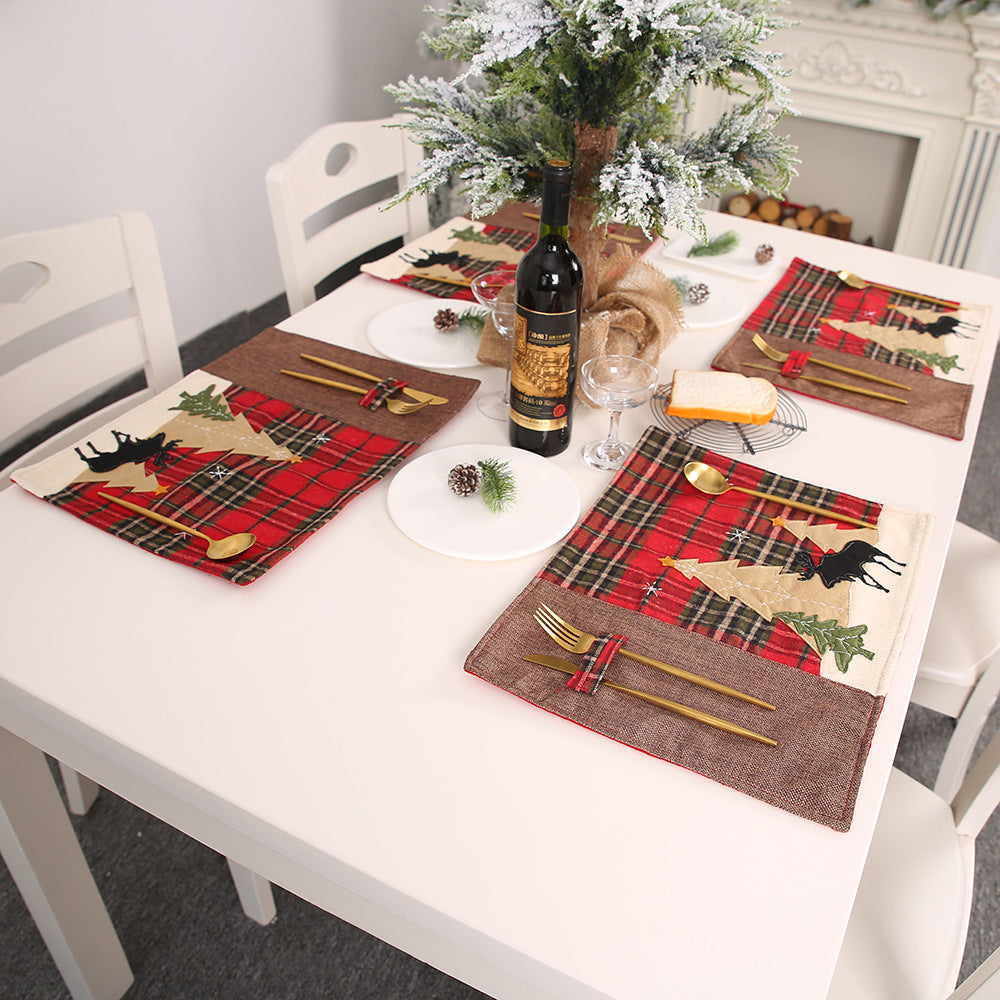 New Christmas Decorations Plaid Placemat Elk Tree Table Mat Insulation Pad