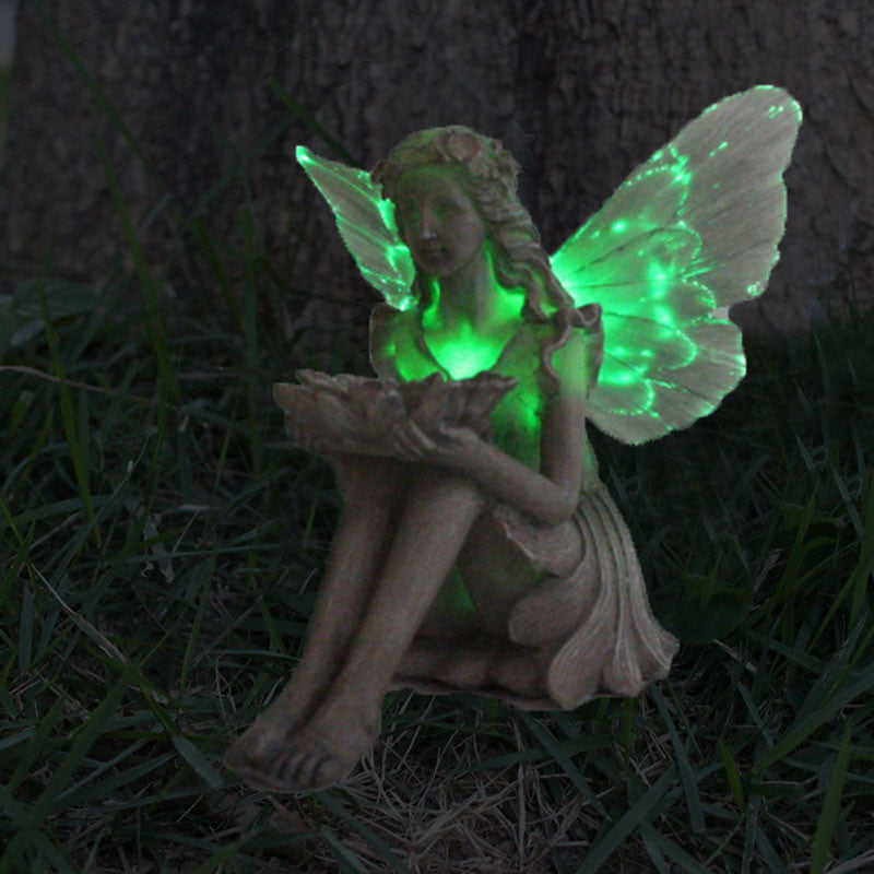 Fairy Bird Feeder Ornaments Outdoor Garden Resin Solar Luminous Wings Girl Jewelry