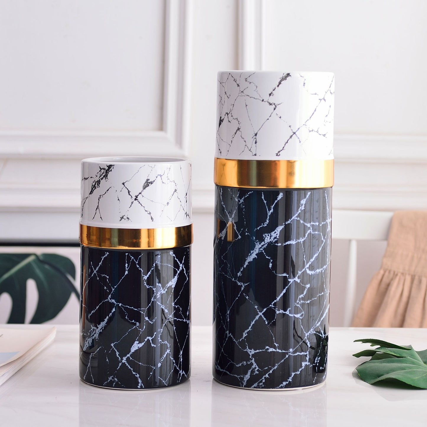 Light Luxury Style Simple Modern Marbled Golden Ceramic Vase