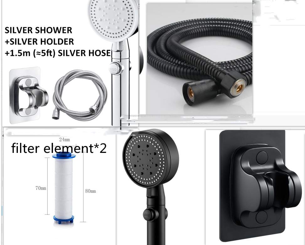 Five-speed Spray Black Powerful Supercharged Water-saving Shower Head Nozzle Suit