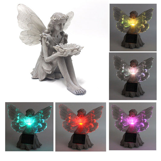 Fairy Bird Feeder Ornaments Outdoor Garden Resin Solar Luminous Wings Girl Jewelry