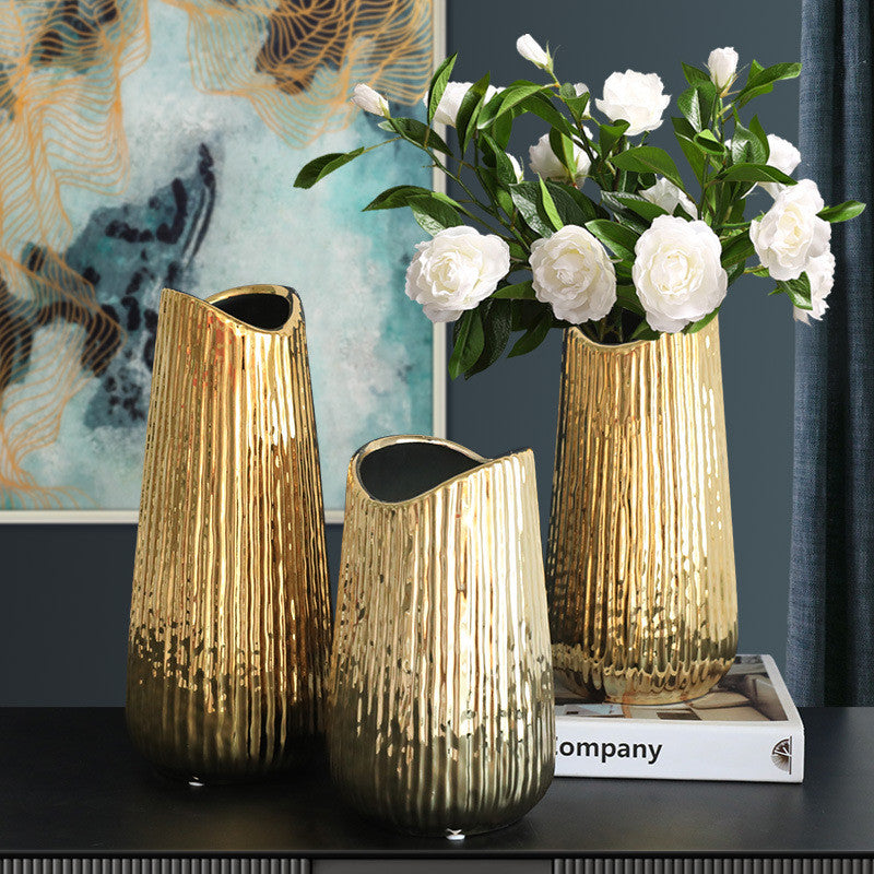 Light Luxury Electroplating Golden Wide Mouth Vase Ceramic Simulation